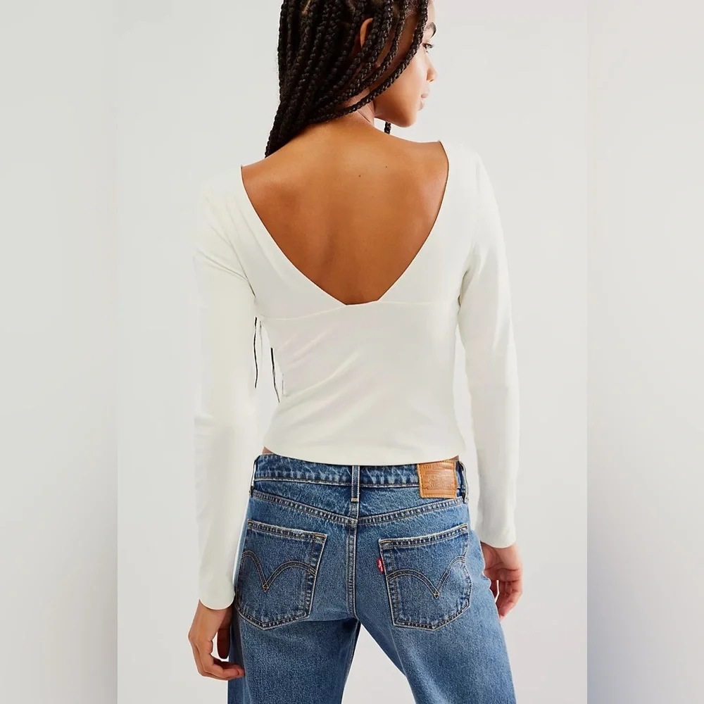 Free People Duo Corset Long Sleeve Ivory Crop Top Sz Large NWT